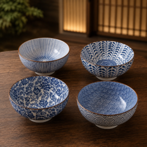 Set de 4 bols japonais bleu & blanc – Riz, soupe miso & accompagnements