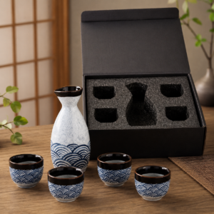 Service à saké japonais Seigaiha avec coffret cadeau – Carafe et 4 tasses