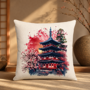 Housse de coussin japonaise Pagode & Sakura - 45×45 cm