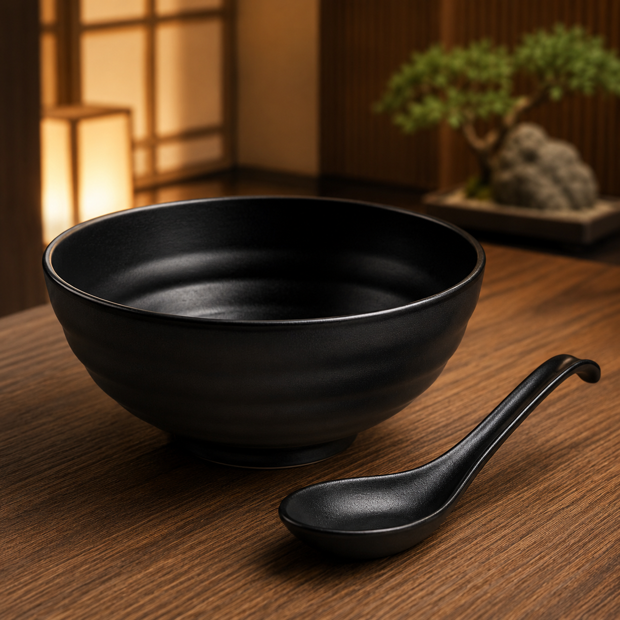 Bol ramen japonais noir mat avec grande cuillère assortie – 19 cm