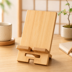 Support téléphone en bambou – Bureau zen & japandi