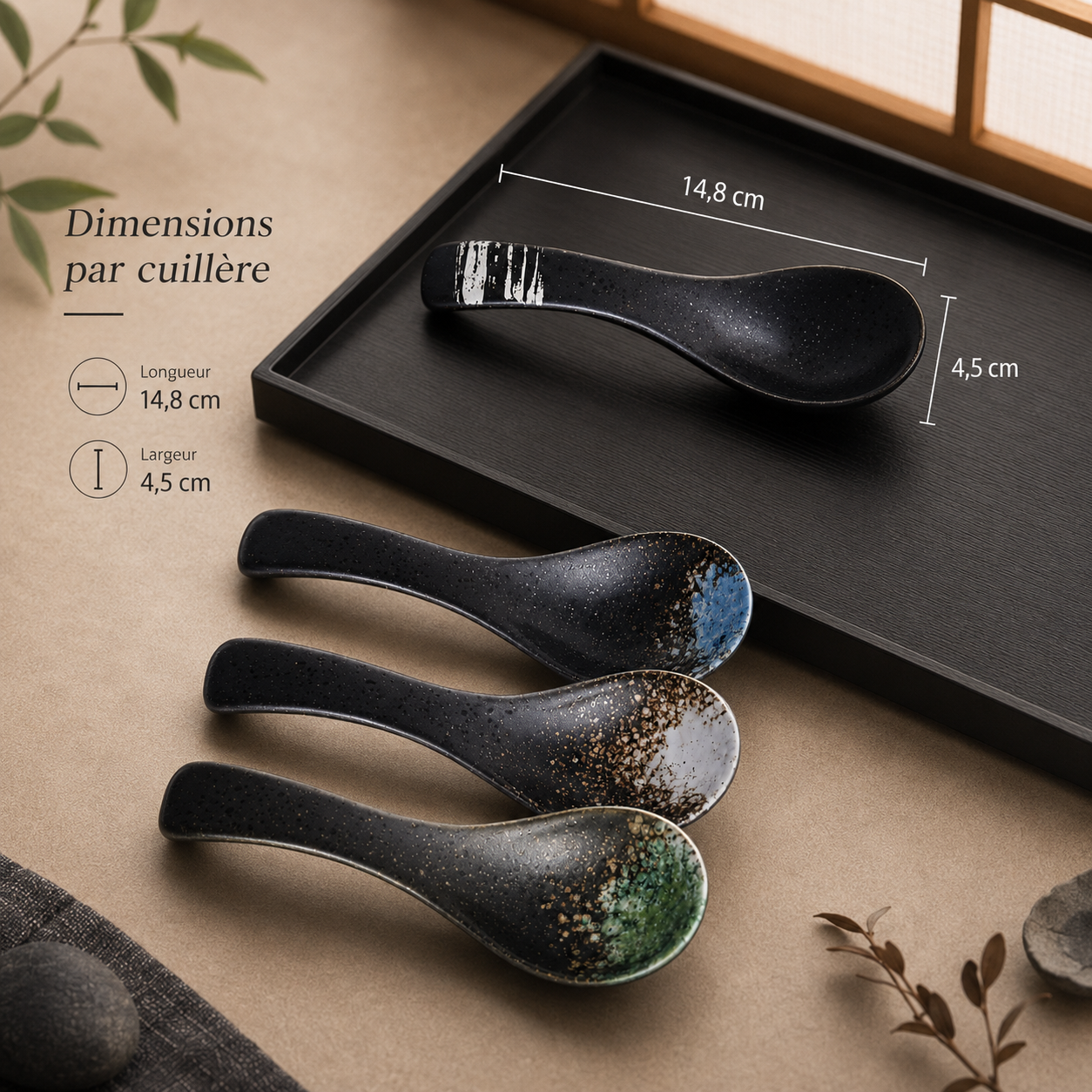 Lot de 4 cuillères japonaises en céramique – Noir minéral – Image 2