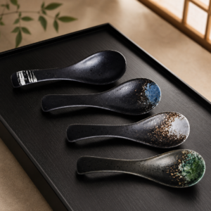 Lot de 4 cuillères japonaises en céramique – Noir minéral