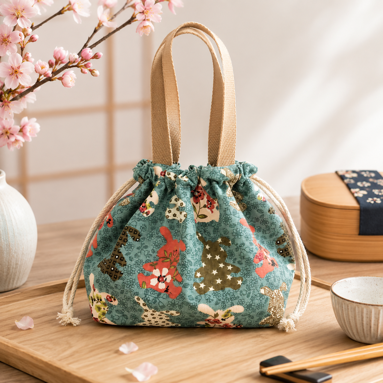 Sac lunch bento japonais kawaii avec baguettes – Chats, lapins et Maneki Neko – Image 6