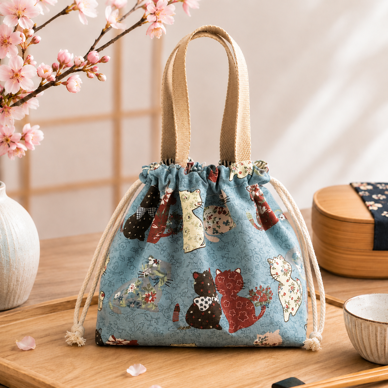 Sac lunch bento japonais kawaii avec baguettes – Chats, lapins et Maneki Neko – Image 4