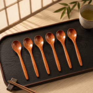 Lot de 6 cuillères japonaises en bois naturel – Soupe, ramen et riz