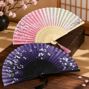 Duo d’éventails japonais Sakura Nuit & Sakura Jour – Soie et bambou