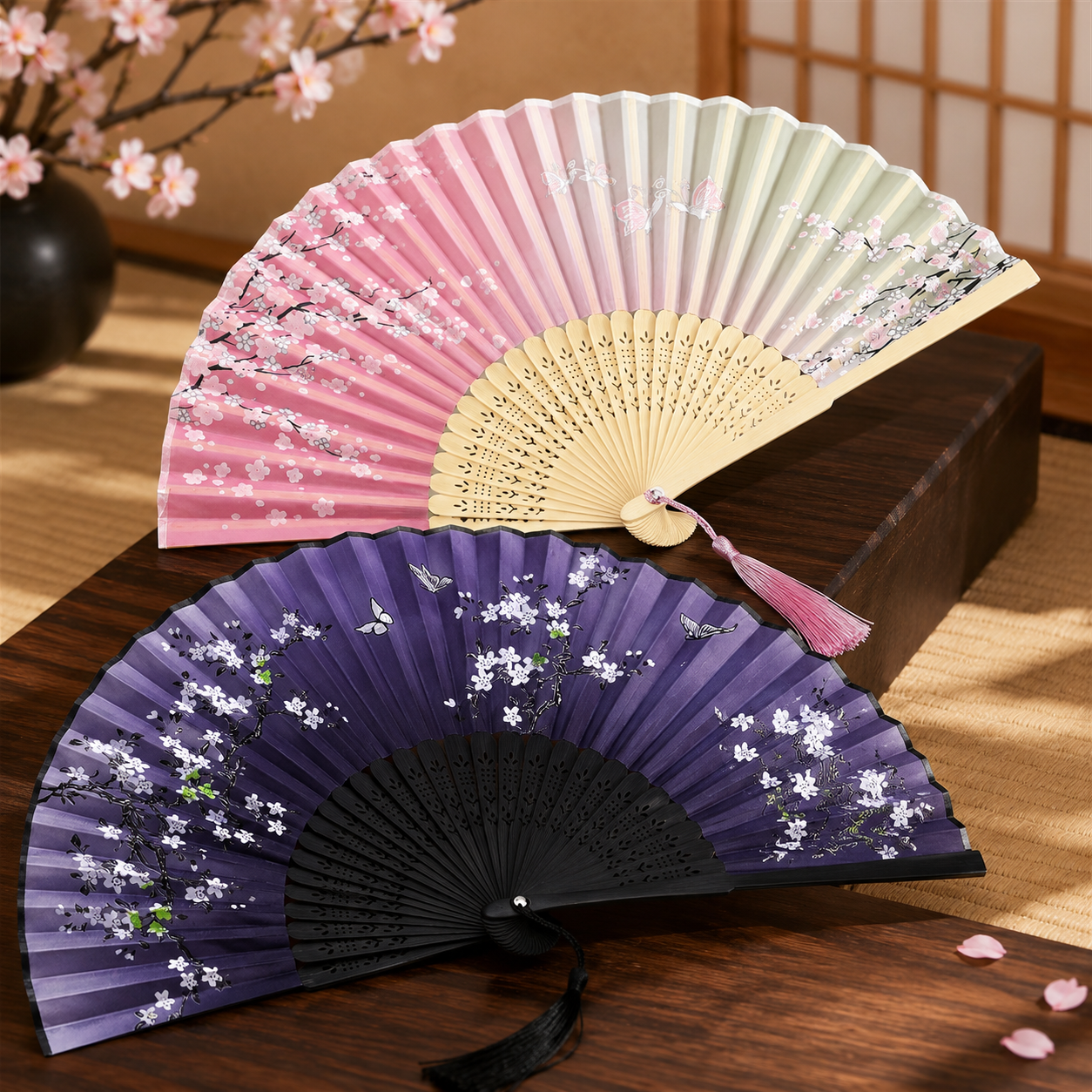 Duo d’éventails japonais Sakura Nuit & Sakura Jour – Soie et bambou