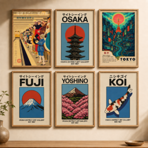 Affiche rétro japonaise – Voyage, Fuji, Koi & paysages du Japon