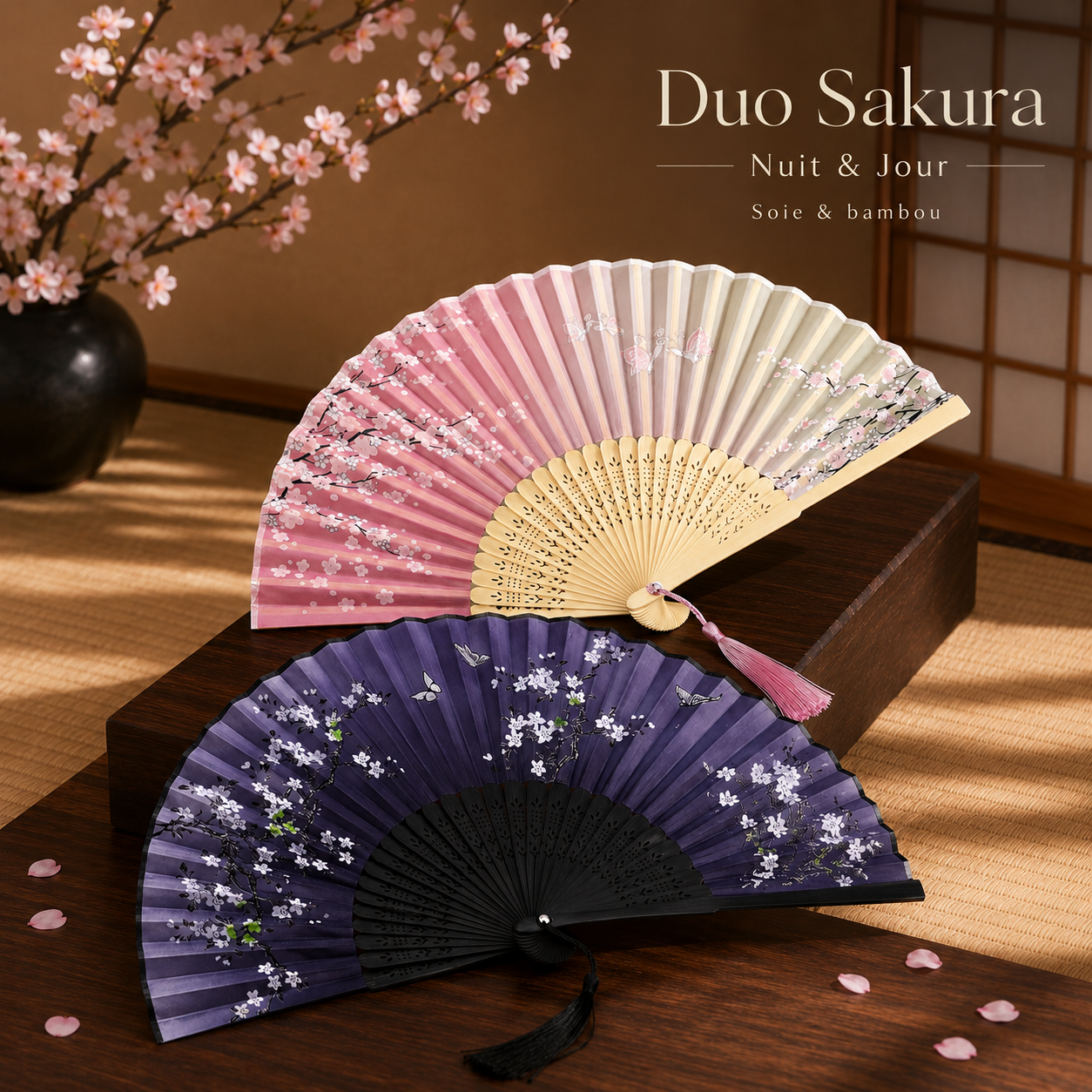Duo d’éventails japonais Sakura Nuit & Sakura Jour – Soie et bambou – Image 2