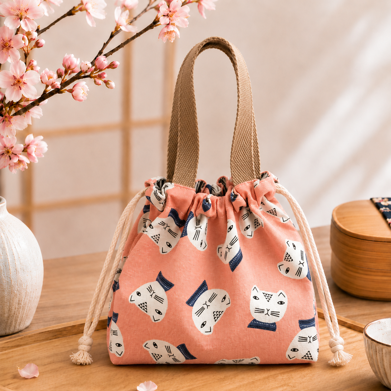 Sac lunch bento japonais kawaii avec baguettes – Chats, lapins et Maneki Neko – Image 2