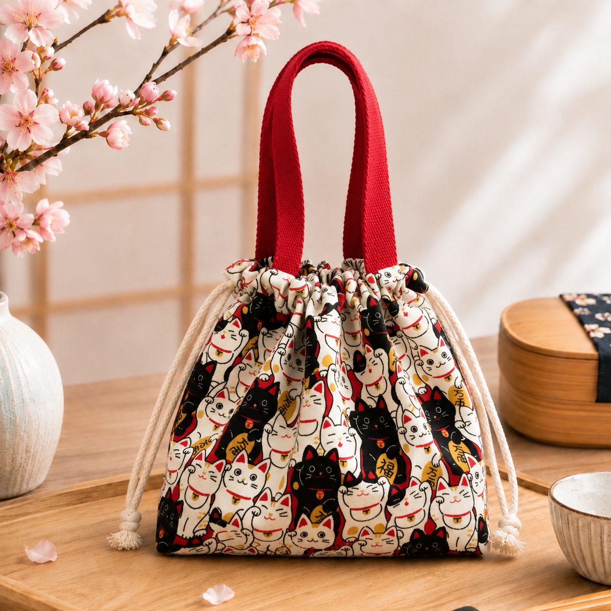 Sac lunch bento japonais kawaii avec baguettes – Chats, lapins et Maneki Neko – Image 3