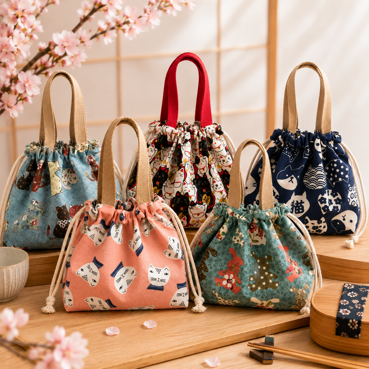 Sac lunch bento japonais kawaii avec baguettes – Chats, lapins et Maneki Neko