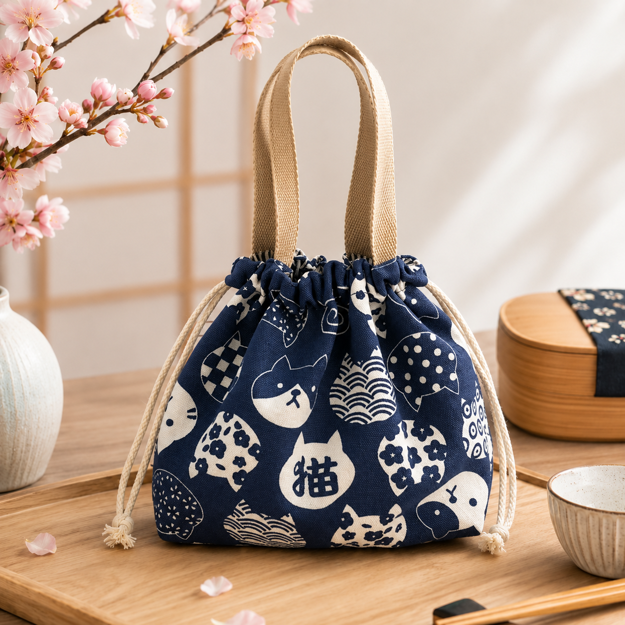 Sac lunch bento japonais kawaii avec baguettes – Chats, lapins et Maneki Neko – Image 5