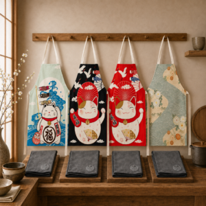 Tablier de cuisine japonais avec essuie-main – Maneki Neko, vagues et motifs traditionnels